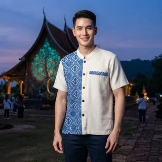 🎗เสื้อพื้นเมืองชาย ทูโทนลายขิด🎗