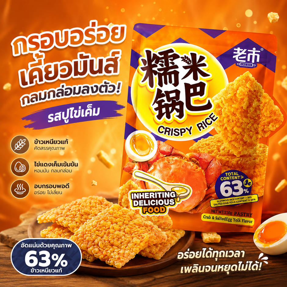 LAO SHI (เล่าซือ) ขนมทอดกรอบ (ข้าวพองทอดกรอบ รสไข่เค็มและรสปู) ขนาด 230 กรัม