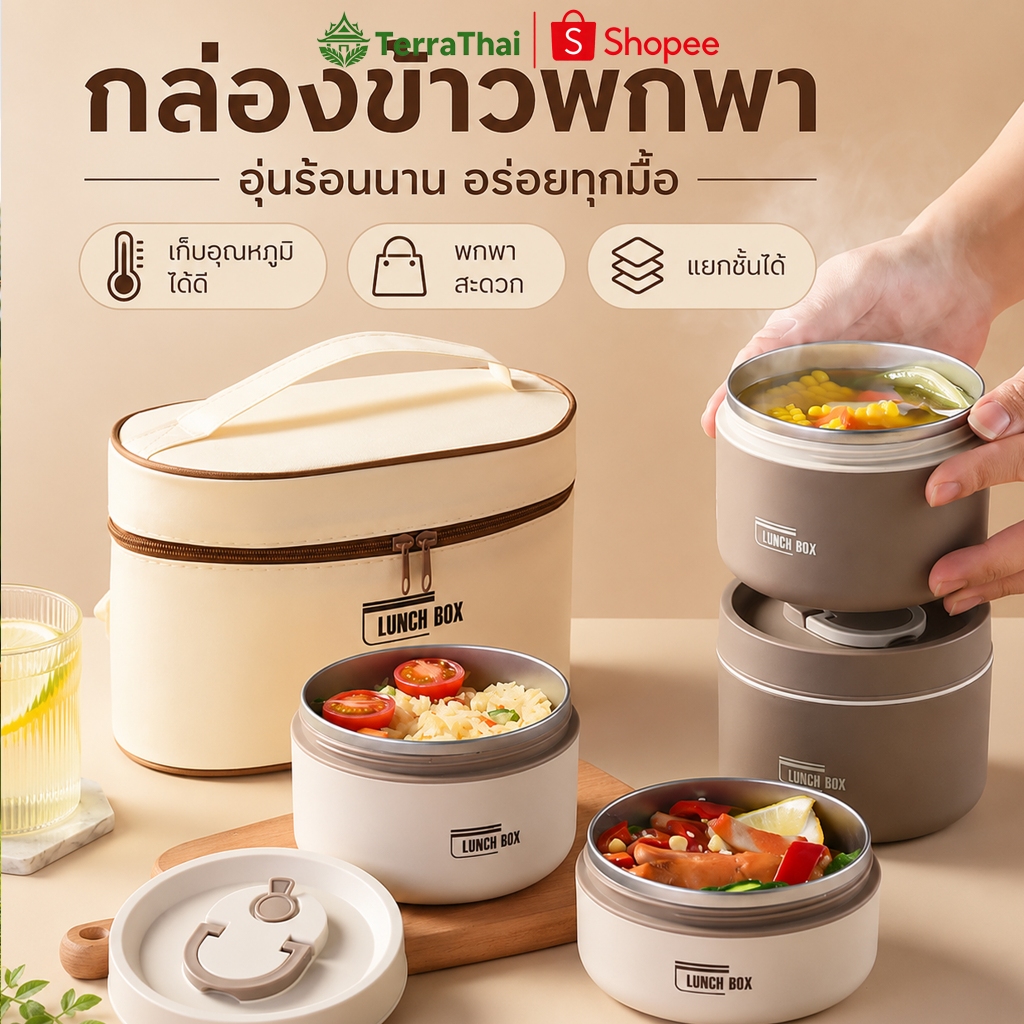 Terrathai กล่องข้าว 2/3/4 ชั้น สเตนเลส 316/304 กล่องใส่อาหาร ปิ่นโต BPA Free ชุดช้อนส้อม + กระเป๋า ฟรี