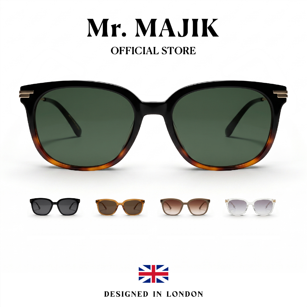 Mr.MAJIK แว่นกันแดด Unisex กรอบใส ทรงเหลี่ยมมน วินเทจ สไตล์เกาหลี เลนส์สีเทาไล่เฉด UV400 GT-04
