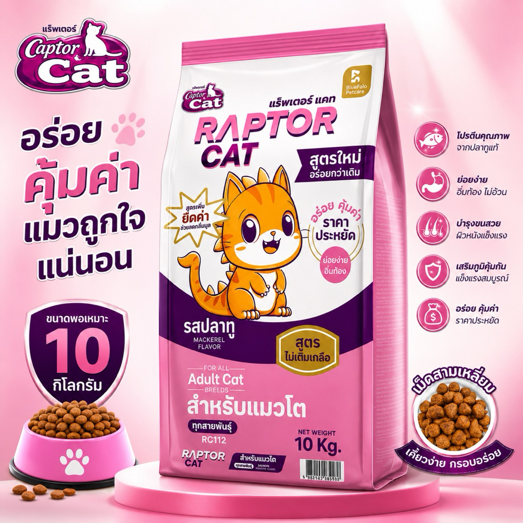 Raptor Cat (10kg)อาหารแมวแร็พเตอร์ แมวโต รสปลาทู(ถุงชมพู)