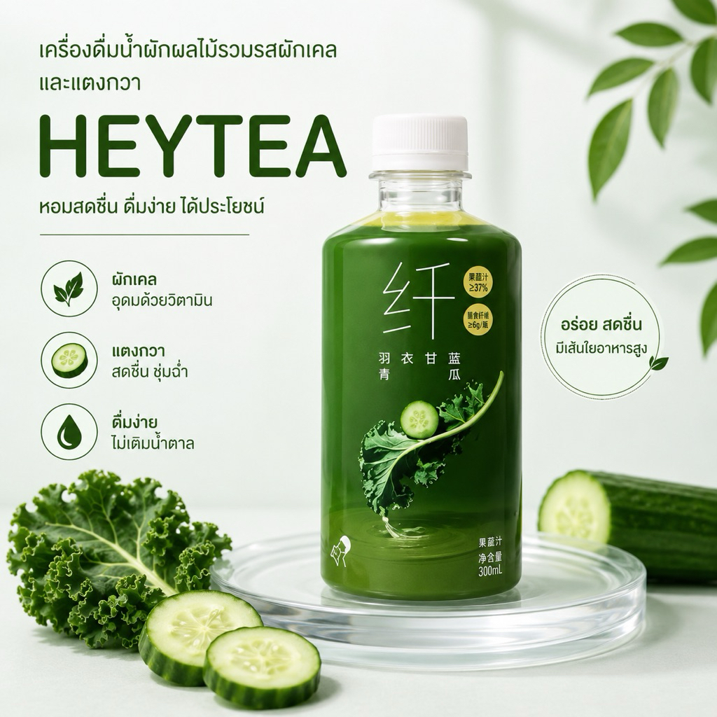 เครื่องดื่มน้ำผักผลไม้รวมรสผักเคลและแตงกวาจากแบรนด์ HEYTEA (喜茶) เครื่องดื่มที่มีน้ำตาลต่ำ แคลอรีต่ำ และมีเส้นใยอาหารสูง