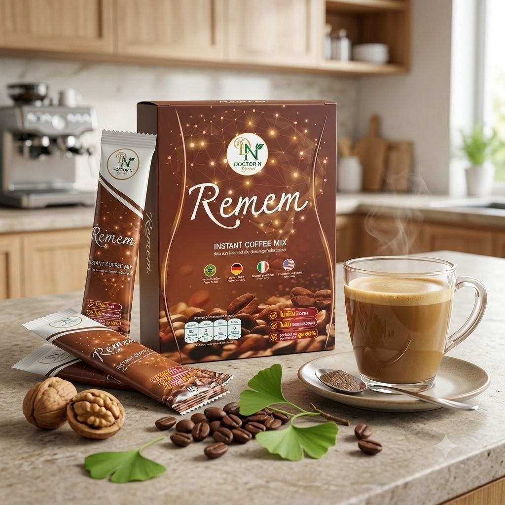 Remem Instant Coffee Mix by Doctor N กาแฟ 3 in 1 ผสมสารสกัดจากแปะก๊วย วิตามินบี 12 ไม่มีครีมเทียมและ