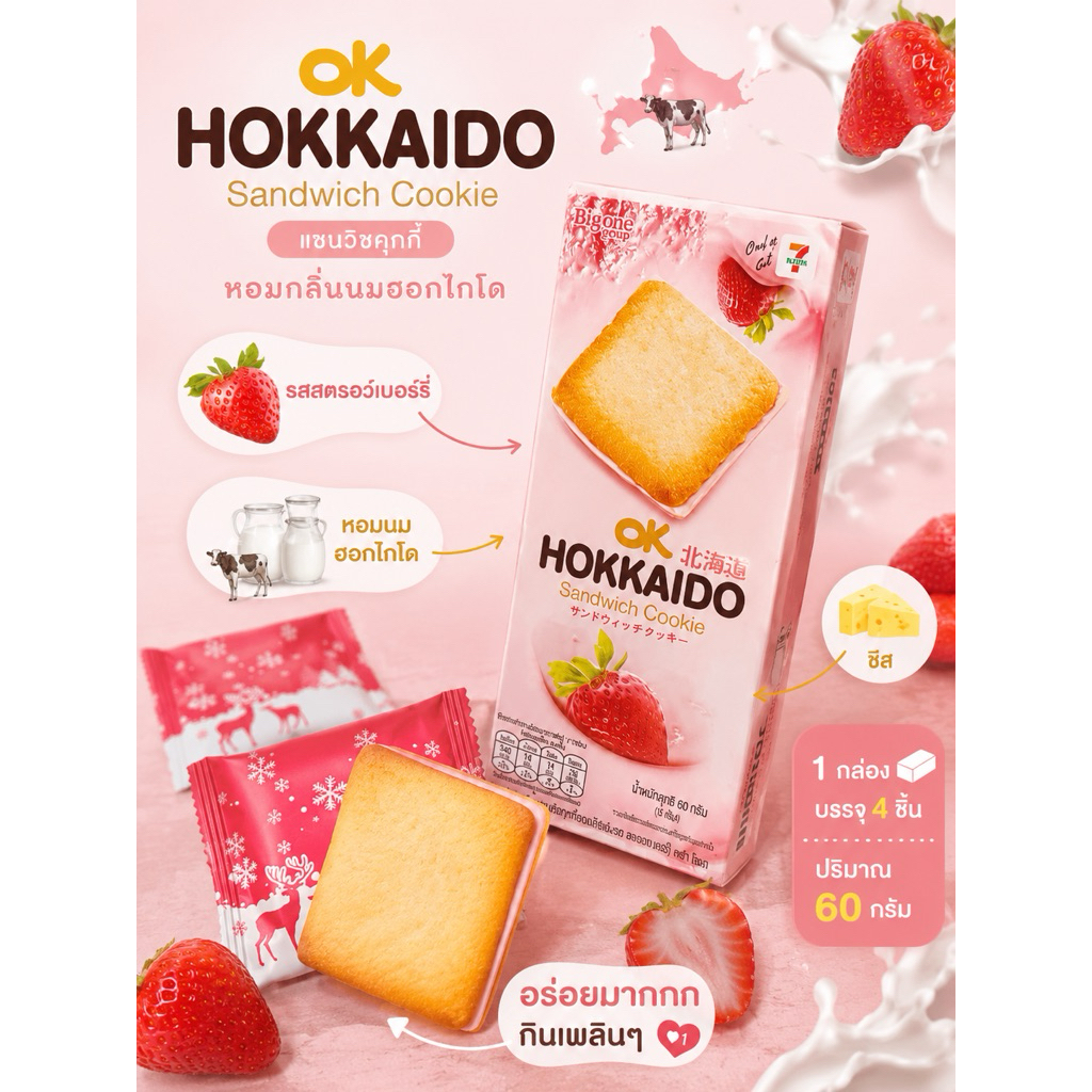 โอเคฮอกไกโดคุกกี้สอดไส้รสสตอเบอรี่ ok Hokkaido strawberry