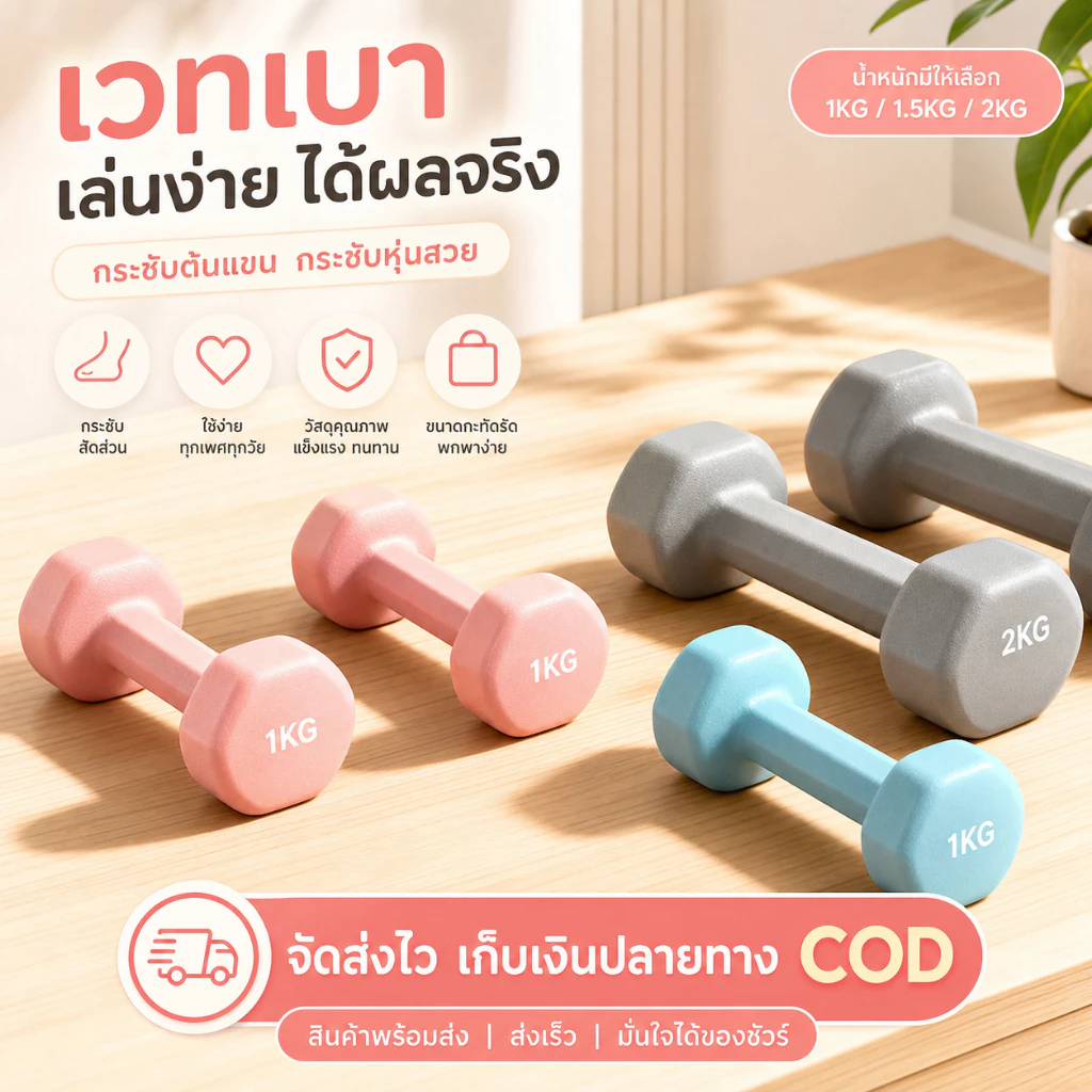 ดัมเบลหกเหลี่ยมหุ้มยางคู่ 2 ชิ้น น้ำหนัก 1-3 กก. ดัมเบลออกกำลังกายฟิตเนส สำหรับลดไขมันต้นแขน Dumbbells