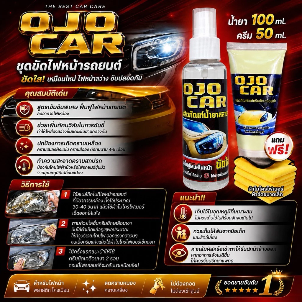 OJOCAR น้ำยาขัดไฟหน้ารถยนต์ 100 ML ครีมขัดเคลือบเงา 50 ML แถมฟรี ผ้าสำหรับขัดไฟ 2 ผืนผ้าไมโครไฟเบอร์ thumbnail 9