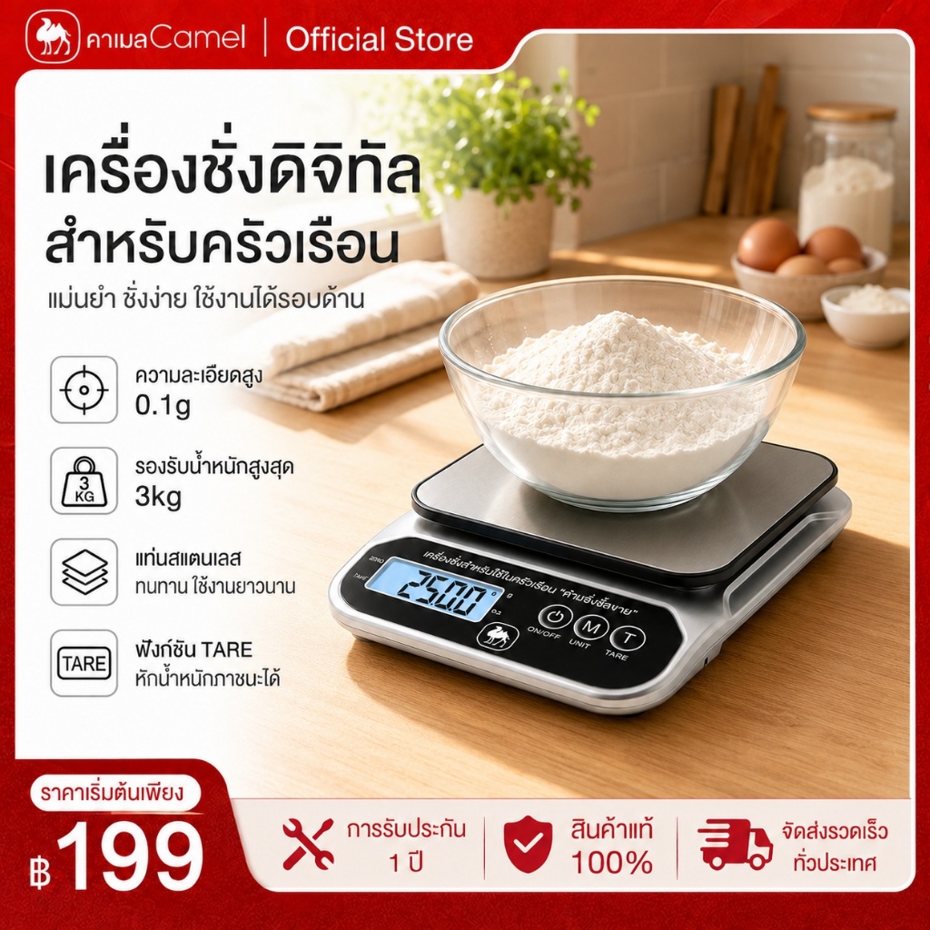 CAMEL เครื่องชั่งดิจิตอลในครัว 3KG ความละเอียด 0.1g ตาชั่งอาหาร หน้าจอ LCD ฟังก์ชันหักน้ำหนัก สแตนเลส
