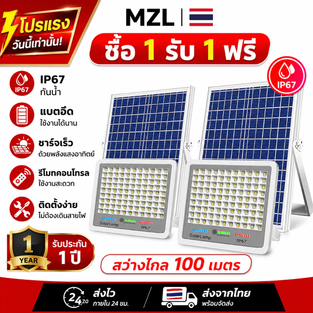 ซื้อ 1 แถม 1 ไฟโซล่าเซลล์ 2200W กันน้ำกันฟ้าผ่า IP67 โซลาร์เซลล์ Solar Light เซ็นเซอร์ พร้อมรีโ LED