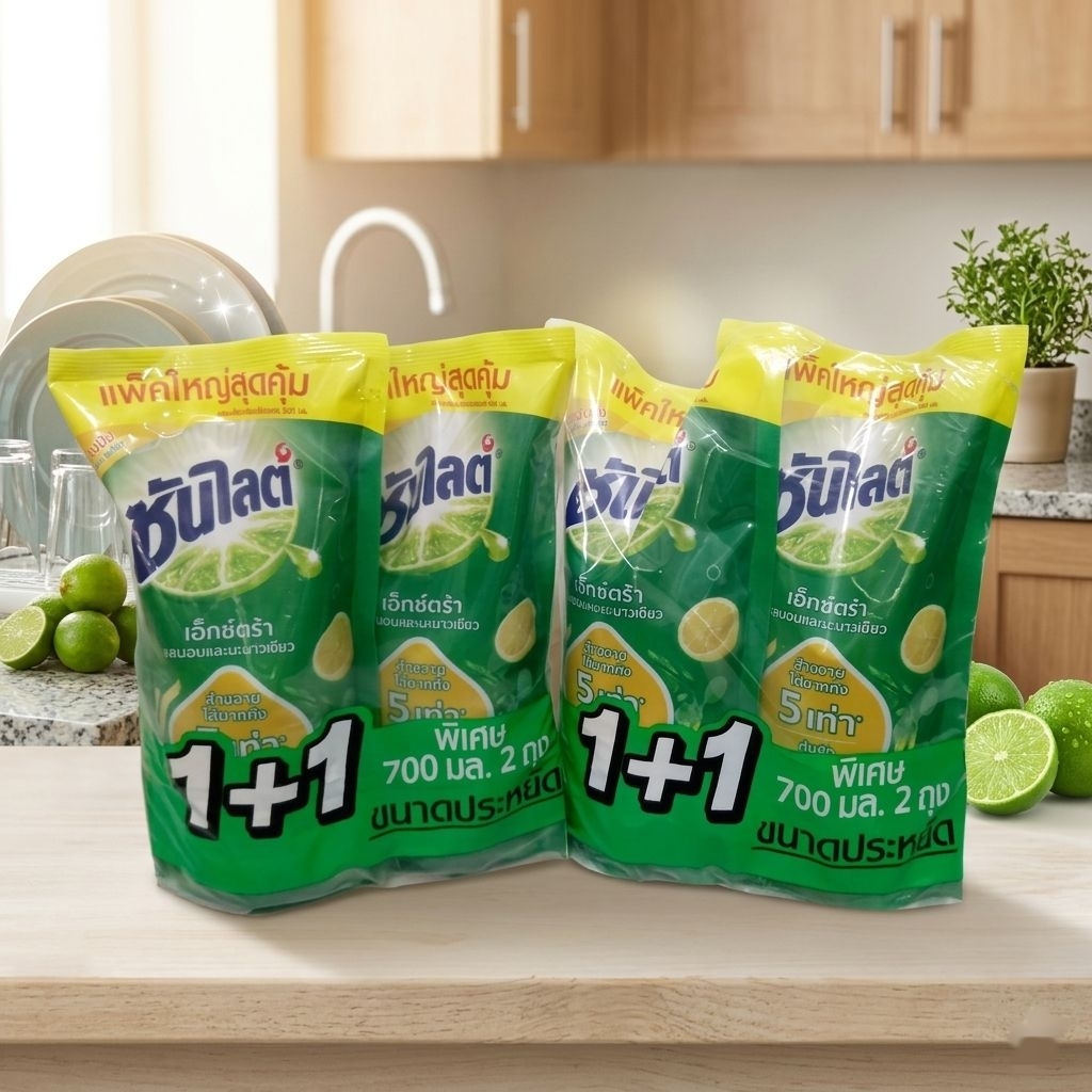 Sunlight ซันไลต์ เอ็กซ์ตร้าเลมอนและมะนาวเขียว น้ำยาล้างจาน ปริมาณ700มล.×4ถุง(2800มล.)