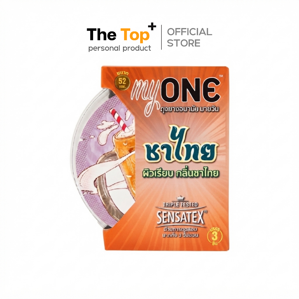 myONE ถุงยางอนามัย กลิ่นชาไทย ชนิดเรียบ บาง ขนาด 52 มม. (บรรจุ 3 ชิ้น)