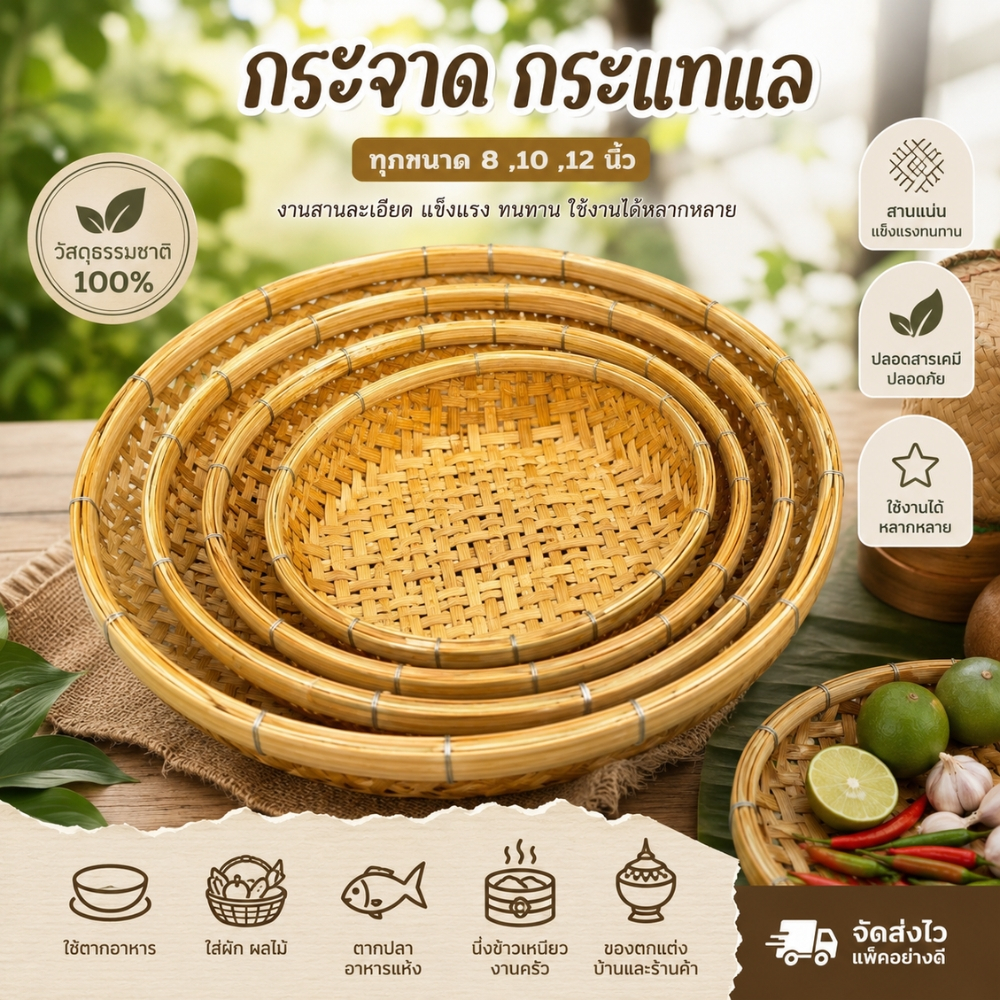 กระจาดลายกระแทแล กระจาดไม้ไผ่ กระจาดใส่ของ ตะกร้าสาน ตะกร้าไม้ไผ่ กระจาด ไม้ไผ่แท้ 100% (กระแทแล)