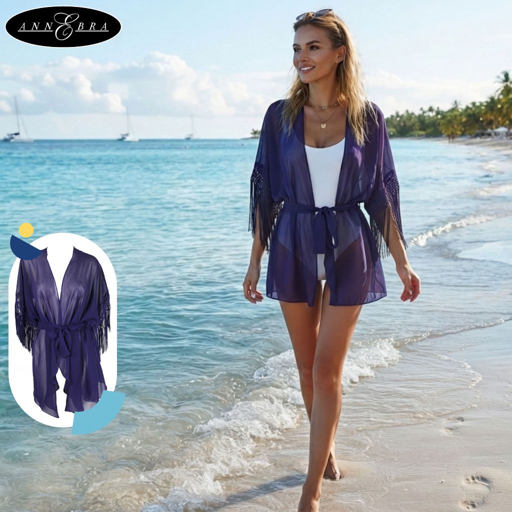 Annebra Cruise เสื้อคลุมชุดว่ายน้ำ เสื้อคลุมบิกินี่ ผ้าชีฟอง แต่งปลายแขนผ้าลูกไม้ Chiffon Robe รุ่น 9-305 สีม่วง