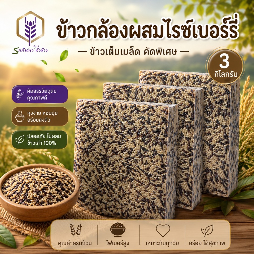 ข้าวกล้องผสมไรซ์เบอร์รี่ แพคสุญญากาศ 3 กิโลกรัม ตราทรัพย์ธนา
