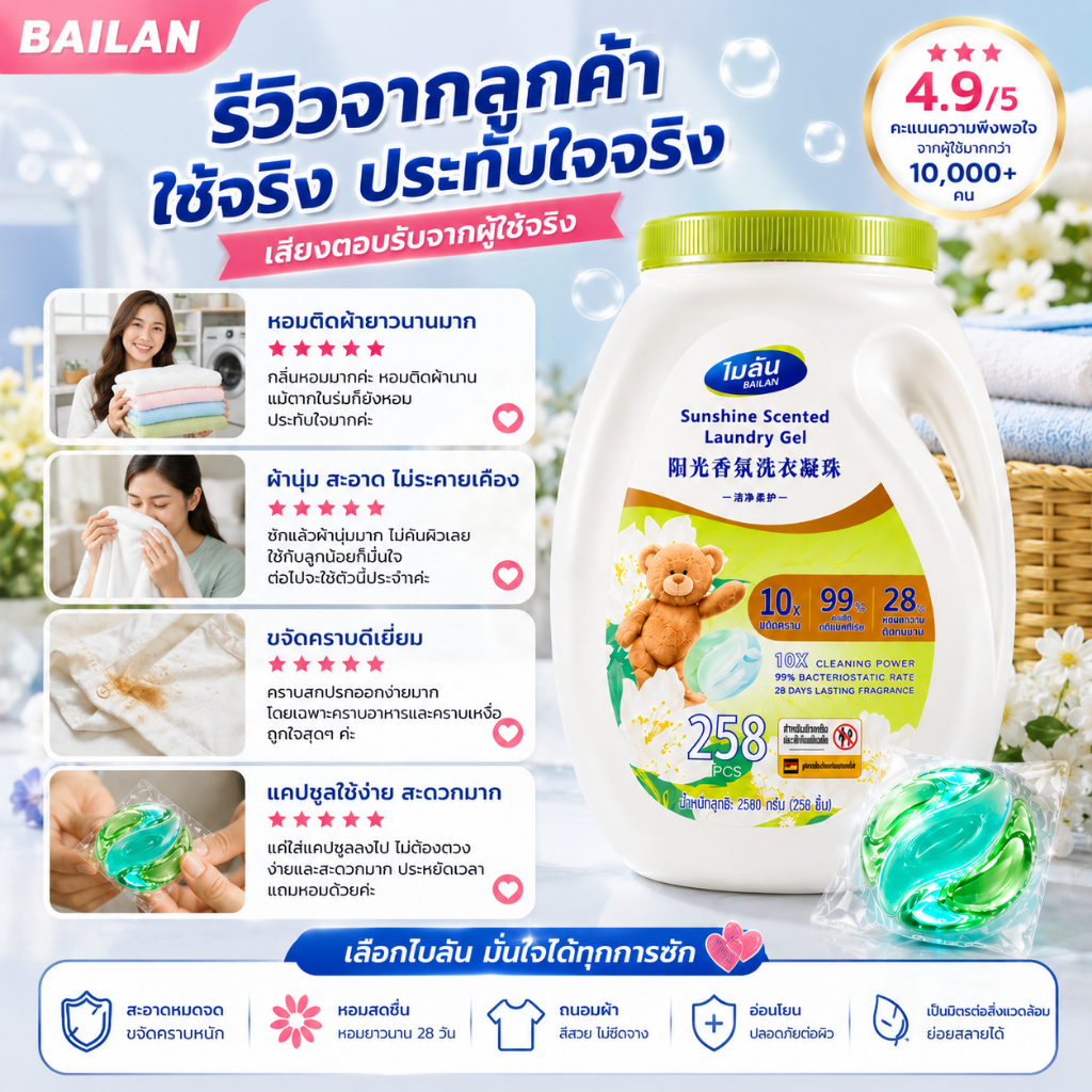 Laundry Pods BAILAN 258 เม็ด แคปซูลซักผ้า น้ำยาซักผ้าเข้มข้น ขจัดคราบ หอมติดทน ประหยัด ใช้งานง่าย