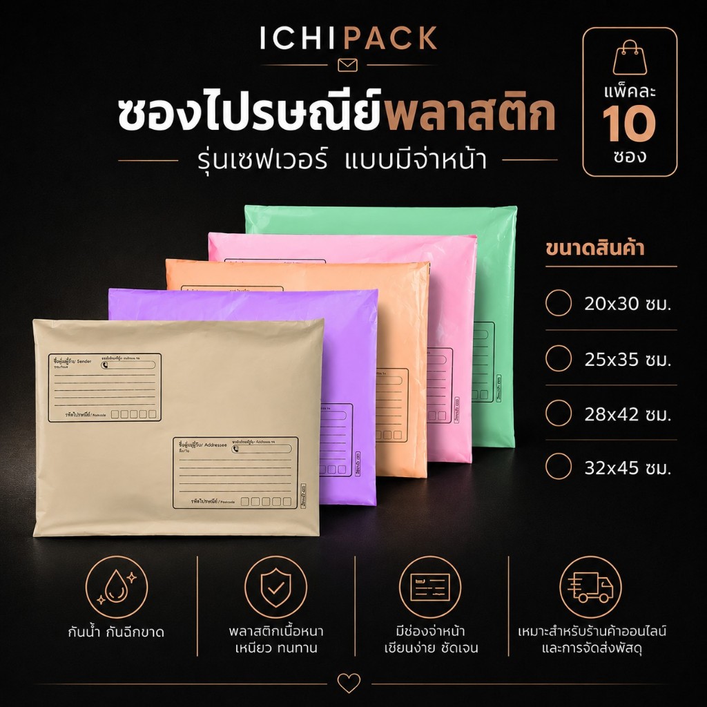 ซองไปรษณีย์สีพาสเทล มีจ่าหน้า (แพ็ก 10 ใบ) รุ่นเซฟ มีฝากาวในตัว ถุงส่งพัสดุ สำหรับร้านค้าออนไลน์