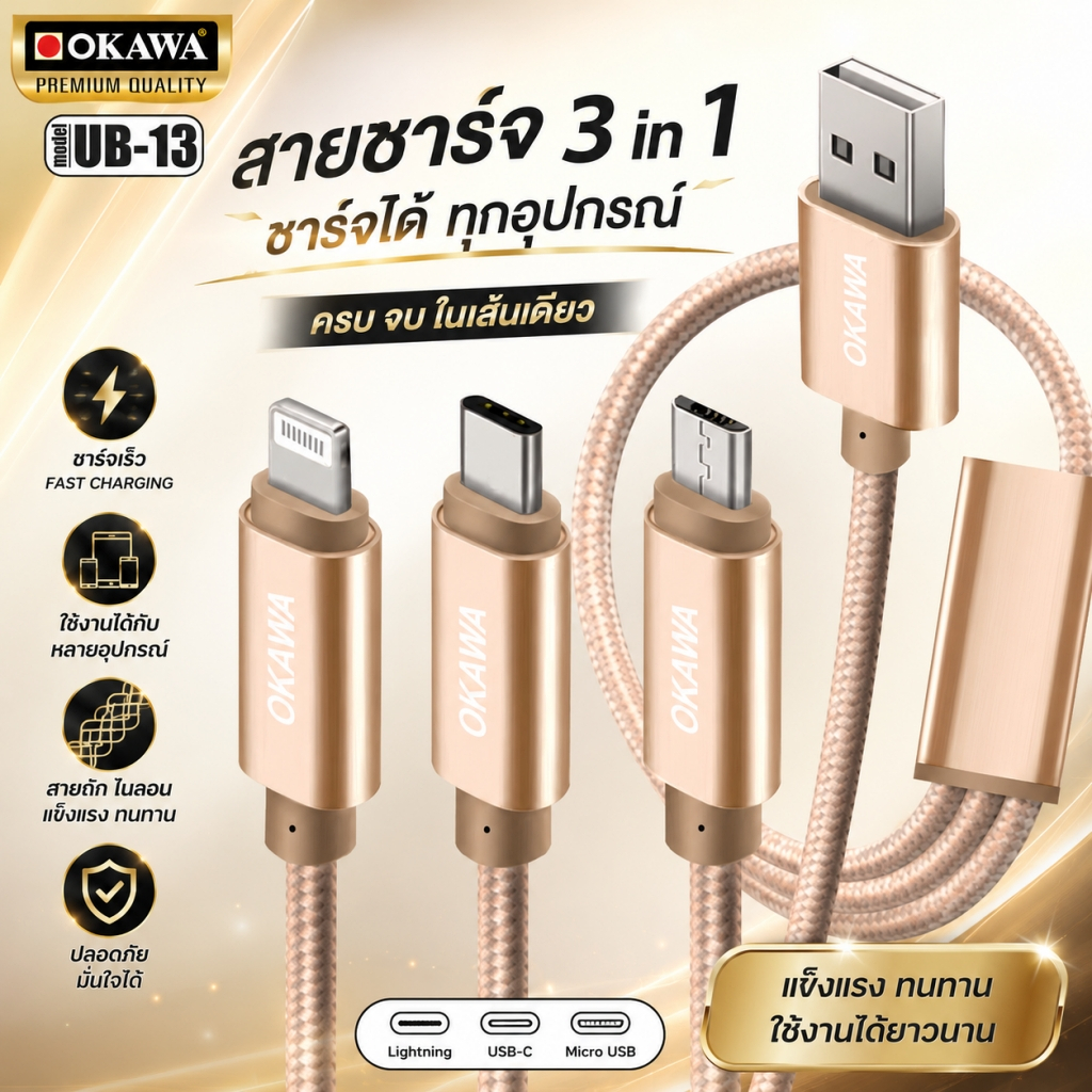 Okawa UB-13 สายชาร์จ 3in1 สำหรับครอบครัว ชาร์จพร้อมกัน เส้นเดียวจบ