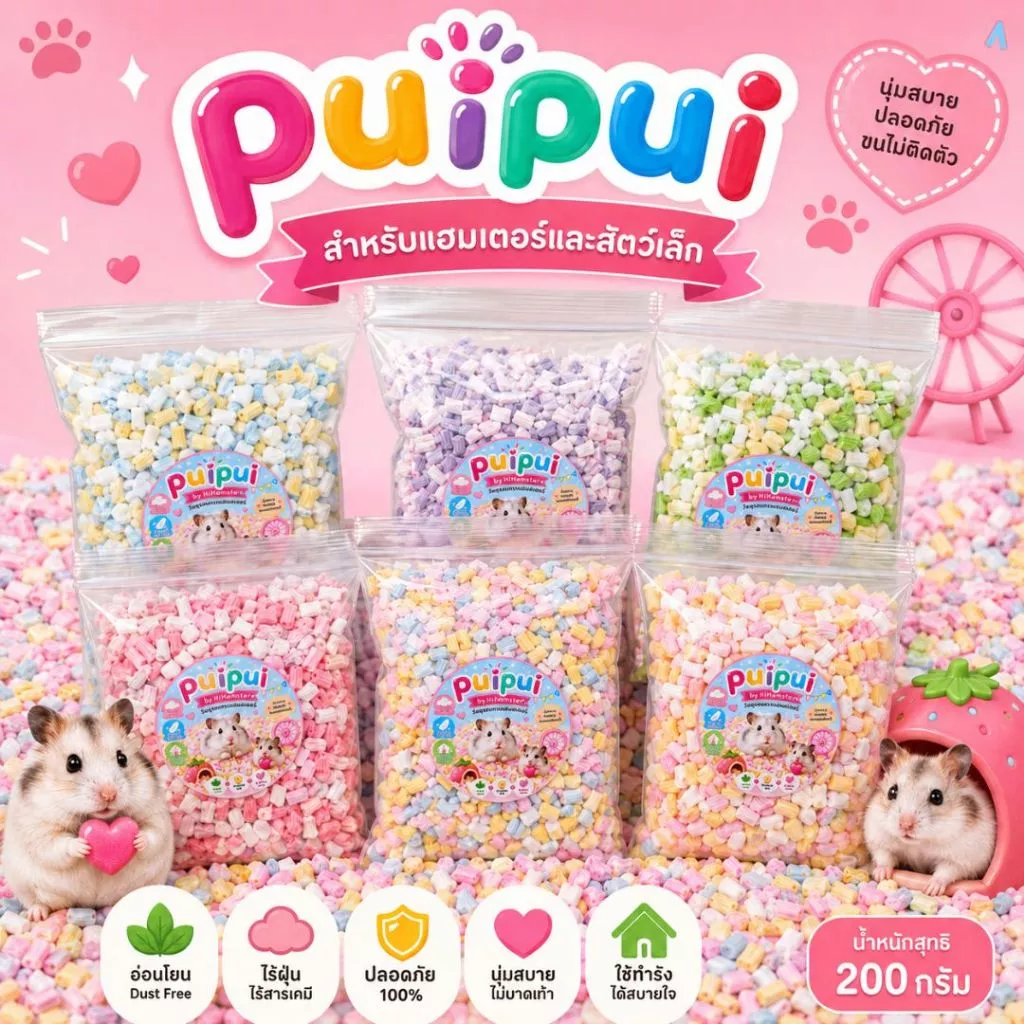Puipui รองกรงกระดาษสำหรับแฮมสเตอร์และสัตว์เล็ก ไร้ฝุ่น นุ่ม ซึมซับดี ปริมาณ 200 กรัม