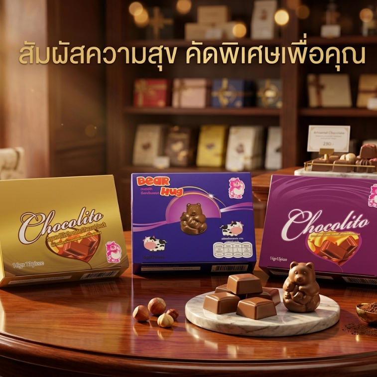 Chocolito ช็อกโกแลตแผ่นสี่เหลี่ยมกล่องทอง / สอดไส้ข้าวพองกล่องม่วง และ Bear Hug ช็อกโกแลตรูปหมี ขนมช็อกโกแลตยอดฮิต