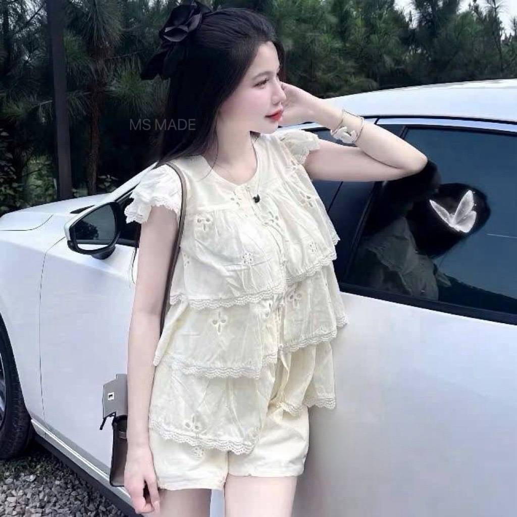 N25  SET2ชิ้น เสื้อ+กางเกง ผ้าฉลุลายลูกไม้ มีซับในทั้งชุด เซตขาสั้นเน้นความคล่องตัว ดีเทลแน่น