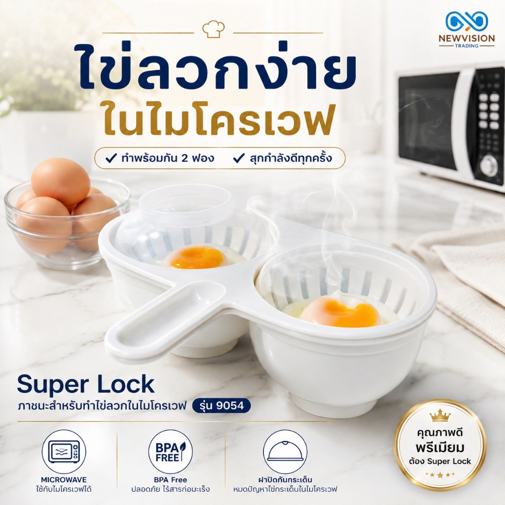 Super Lock ที่ทำไข่ลวก ที่ทำไข่ต้ม ภาชนะสำหรับทำไข่ลวกในไมโครเวฟ รุ่น 9054 ทำพร้อมกันได้ 2 ฟอง สะดวก รวดเร็ว ฝาปิดแน่น
