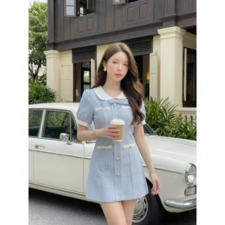 [LISA] A1204 ชุดเดรสกระโปรงคอบัวแขนตุ๊กตาแต่งโบว์กระดุมดอกไม้เรียบหรูลุคคุณใส่เที่ยว ออกงาน ดินเนอร์