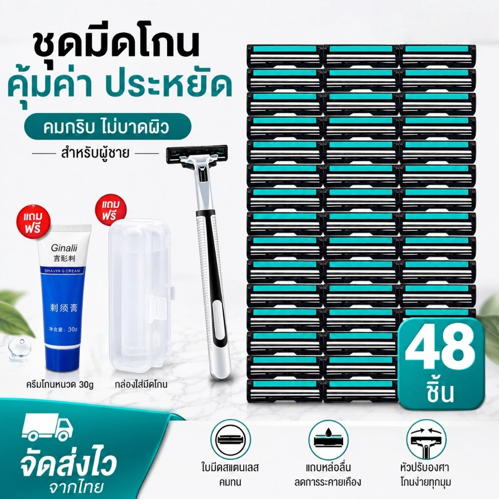 ชุดมีดโกนหนวด 1 ด้ามพร้อมใบมีด 48 ใบ มีดโกนด้วยมือ ใบมีดคมชัด กำจัดขนส่วนเกิน ทำความสะอาดง่าย