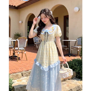 (มี3XL) Sun Shine Dress เดรสยาวผ้าคอตตอนตัดต่อผ้าลูกไม้ ปกคอบัวงานปักแต่งโบว์หน้า ซิปหลัง มีซับใน