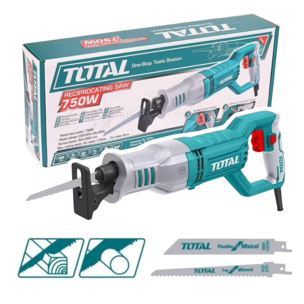 TOTAL เลื่อย เลื่อยชักไฟฟ้า กำลังไฟ 750W รุ่น TS100806 พร้อมอุปกรณ์ ใบเลื่อย 2 ใบ 2 แบบ และคู่มือการใช้งาน