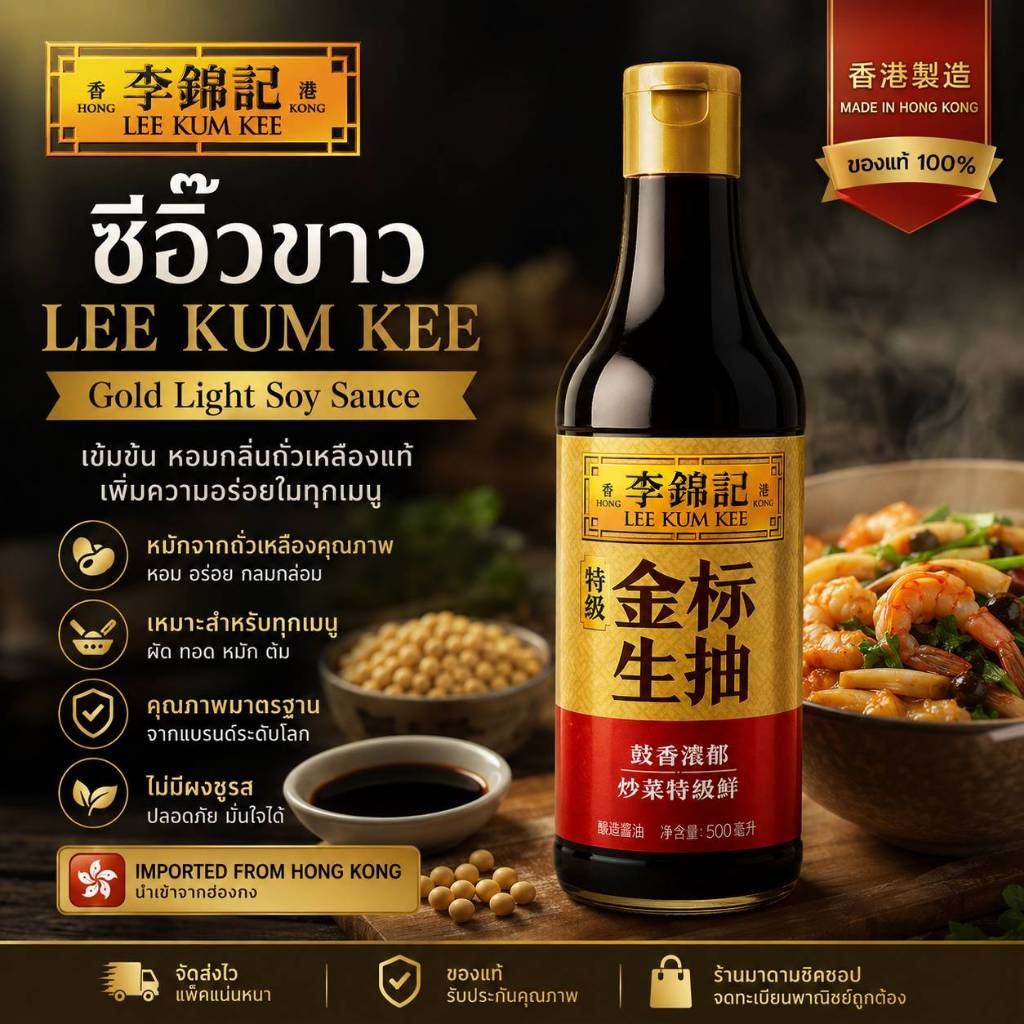 ซีอิ๊วขาว ลีกุมกี่พรีเมี่ยม โกลด์ไลท์ซอส (นำเข้าจากฮ่องกง) น้ำหนัก500มล. Lee Kum Kee Gold Light Soy Sauce