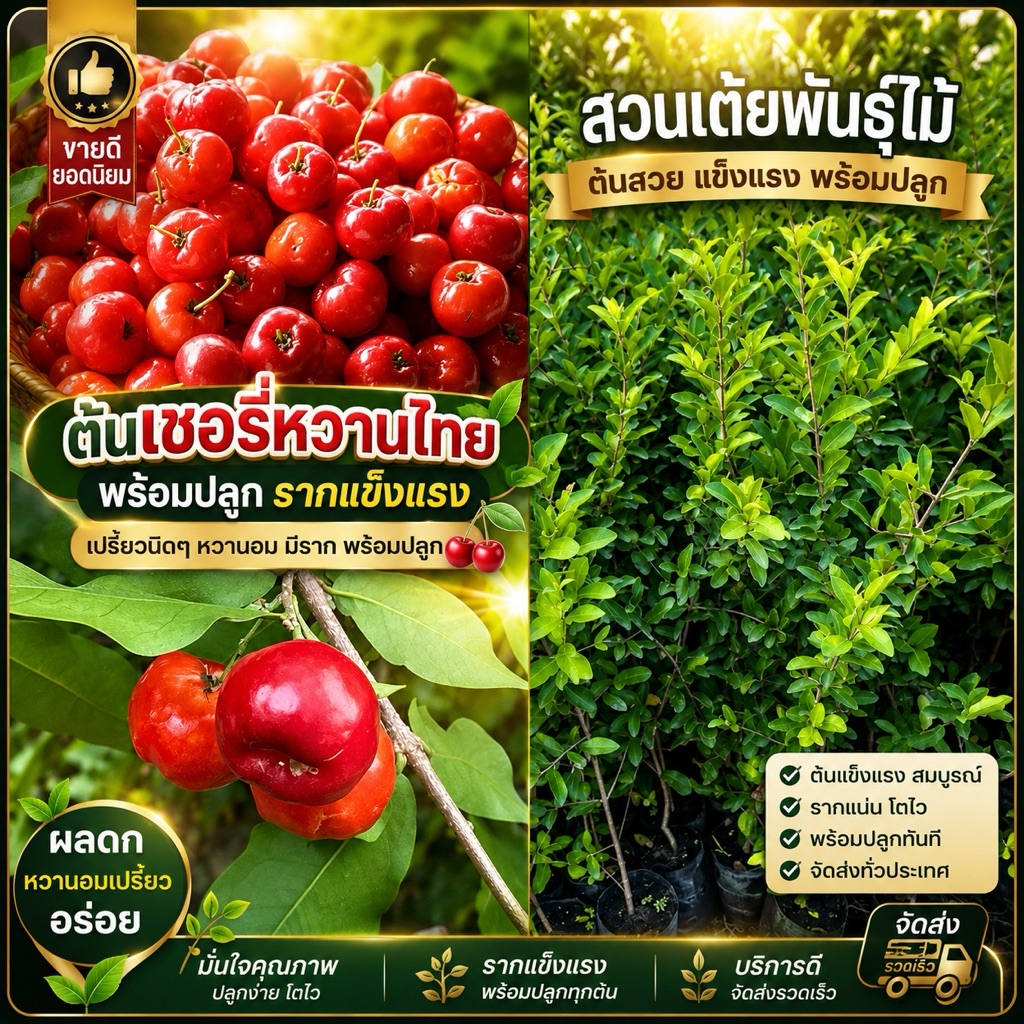ต้นเชอรี่หวานไทยพร้อมปลูก 🍒(ขนาด40-80cm)รสชาติหวานอมเปรี้ยวนิดๆ มีรากพร้อมปลูกรับประกันสายพันธุ์