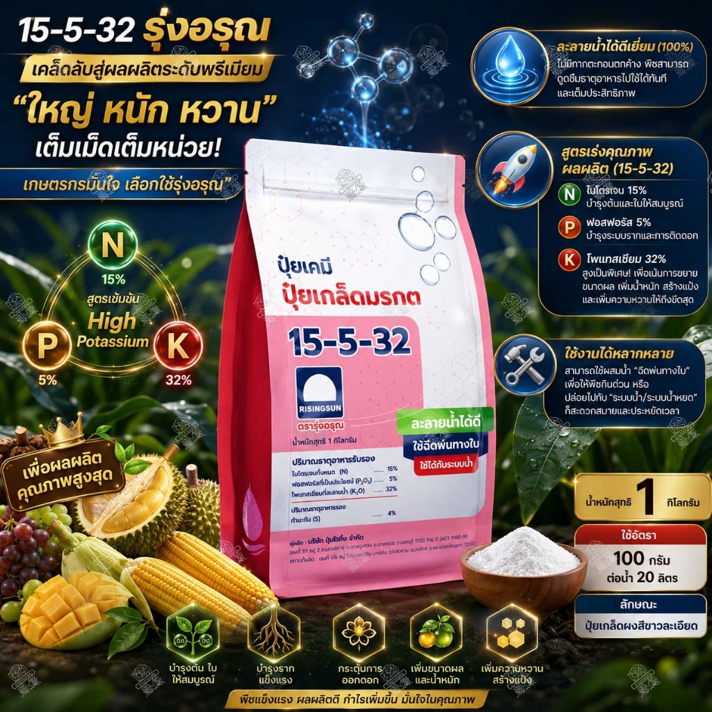 ปุ๋ยเกล็ด รุ่งอรุณ 15-5-32 (1 กิโลกรัม) คุณภาพสูง ปุ๋ยเกล็ดลมเบ่งข้าว ใหญ่ หนัก หวาน ขยายผล สะสมแป้ง