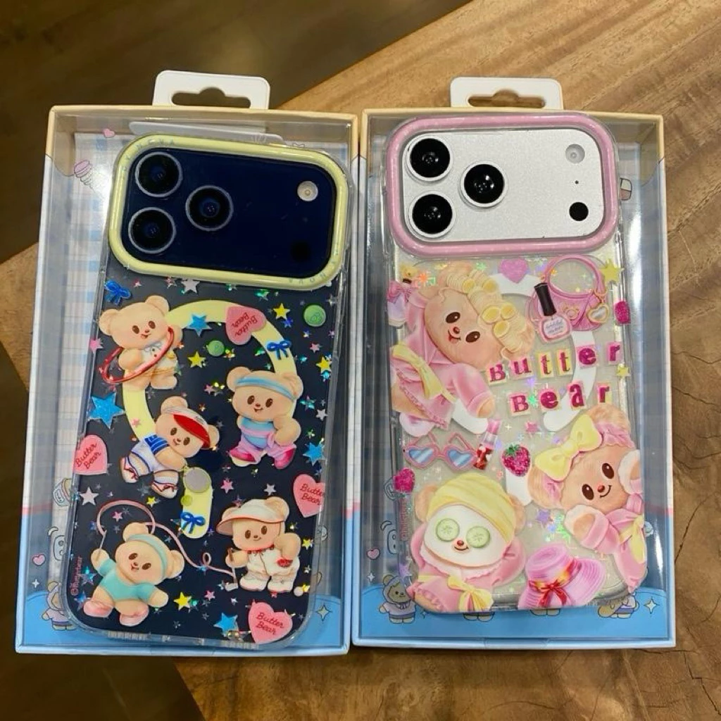 เคสอะครีลิคสกรีนลายน้องหมี มีที่ชาร์จไร้สาย แต่งโฮโลแกรมดาว ขอบนิ่ม งานเงา ปุ่ม Camera control ปิด