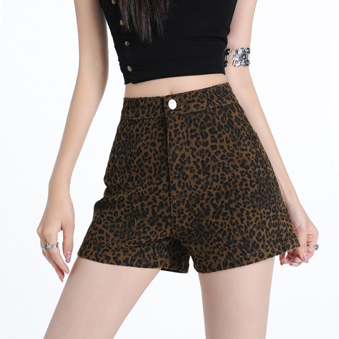S~5XL Shorts A-line stretch shorts Leopard print กางเกงขาสั้นรัดรูปเอวสูง สไตล์วินเทจอินเทรนด์ สไตล์แฟชั่นสาวแซ่บ HOT