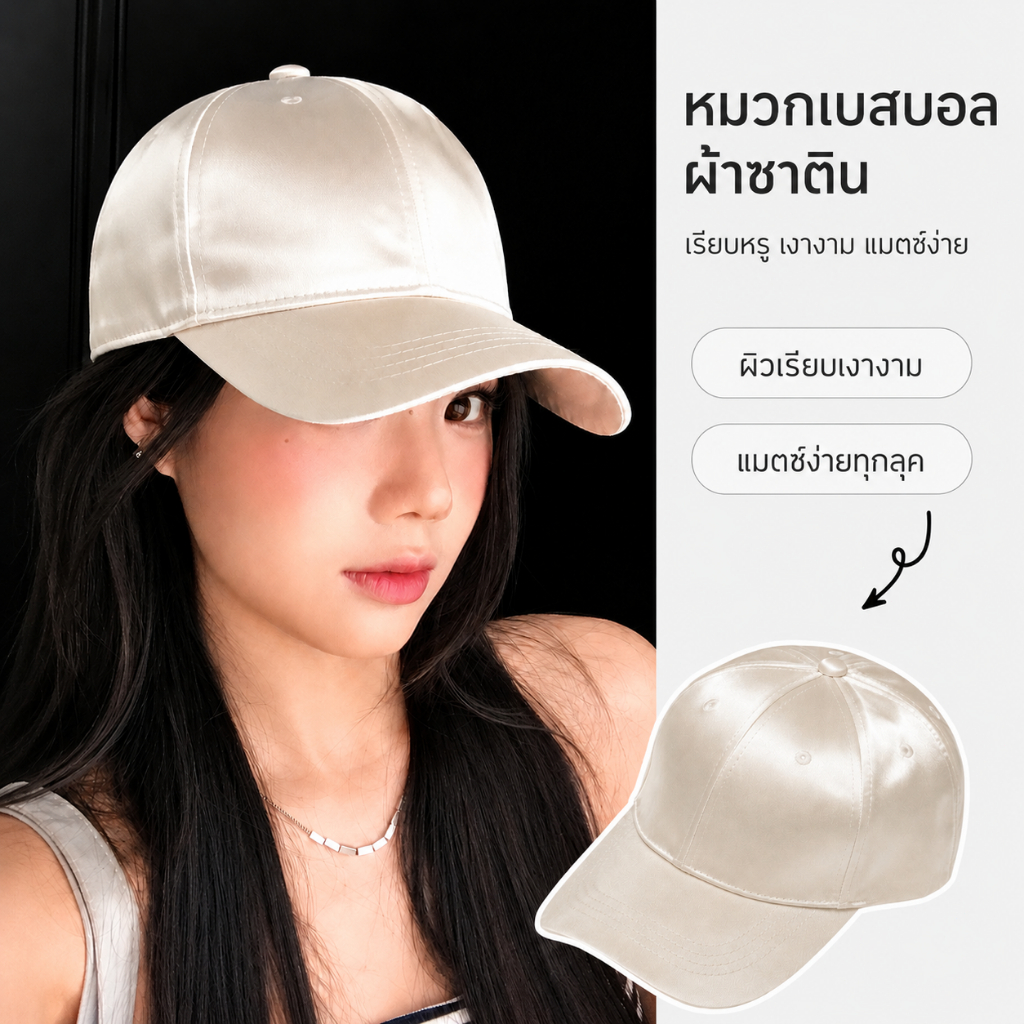Miss_J พร้อมส่งจากกทม หมวกเบสบอลผ้าซาตินสีพื้นสไตล์สตรีทใหม่ ทันสมัยและใช้งานได้หลากหลาย