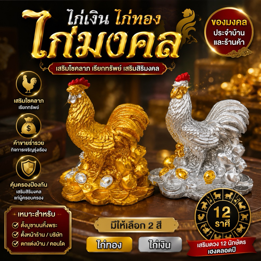 ปูนปั้น ไก่เงิน ไก่ทอง ไก่มงคล ไก้แจ้ ไก่รวยเงิน ไก่รวยทอง (ขนาดประมาณ 2x4x4 นิ้ว) แนะนำจัดสวน หรือถวายไอ้ไข่ ไก่แก้บน