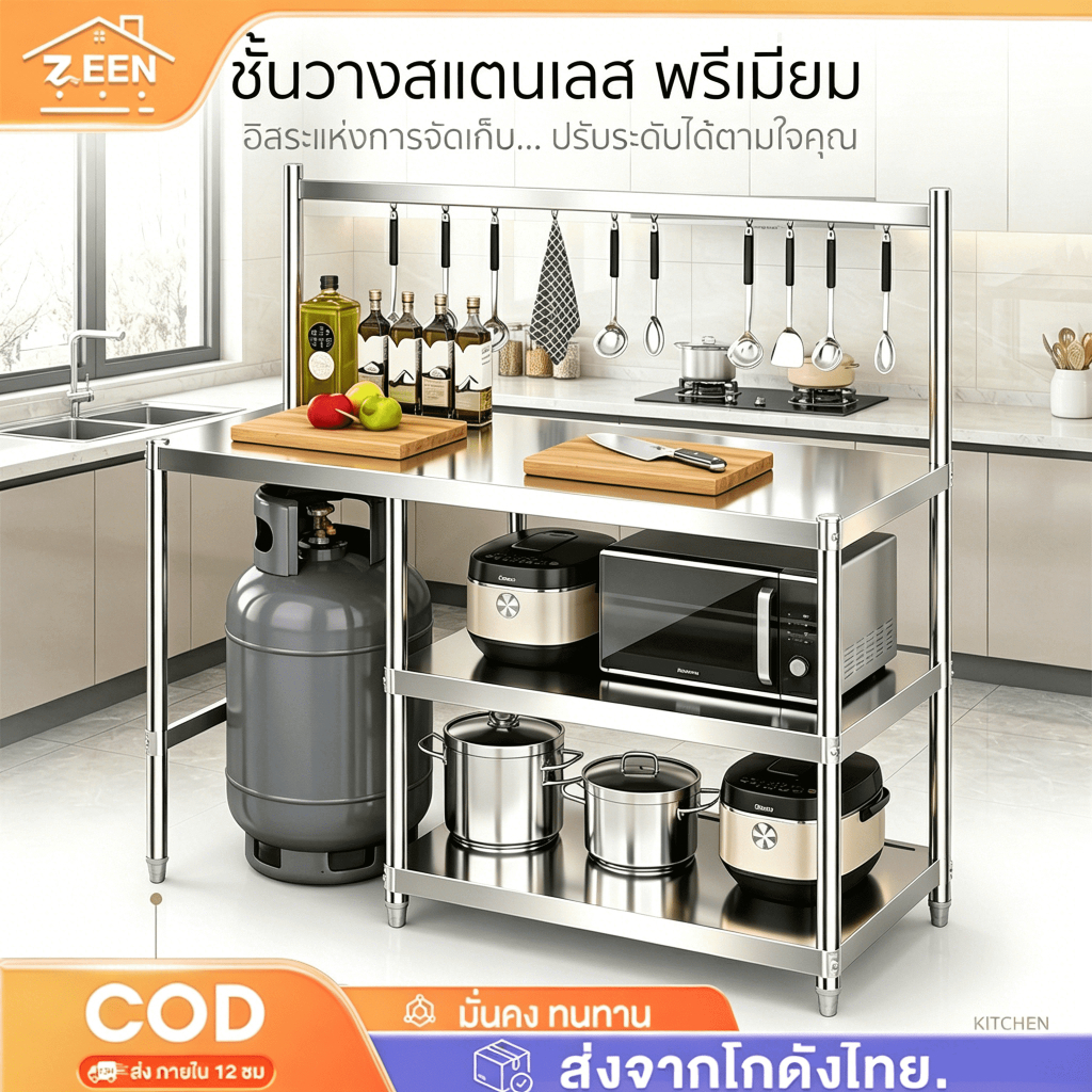 โต๊ะวางเตาแก๊ส สเตนเลส 304 กันน้ำ กันเปื้อน 3 ชั้น เคาน์เตอร์ครัว