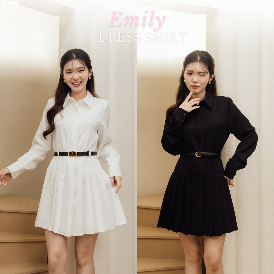 Onceandtwice | Emily Dress Shirt ชุดเดรสเชิ้ต มาพร้อมเข็มขัดอะไหล่สีทอง ดีเทลจีบปลายกระโปรง ผ้าหนาอย่างดี สวยติดแกรมสุดๆ