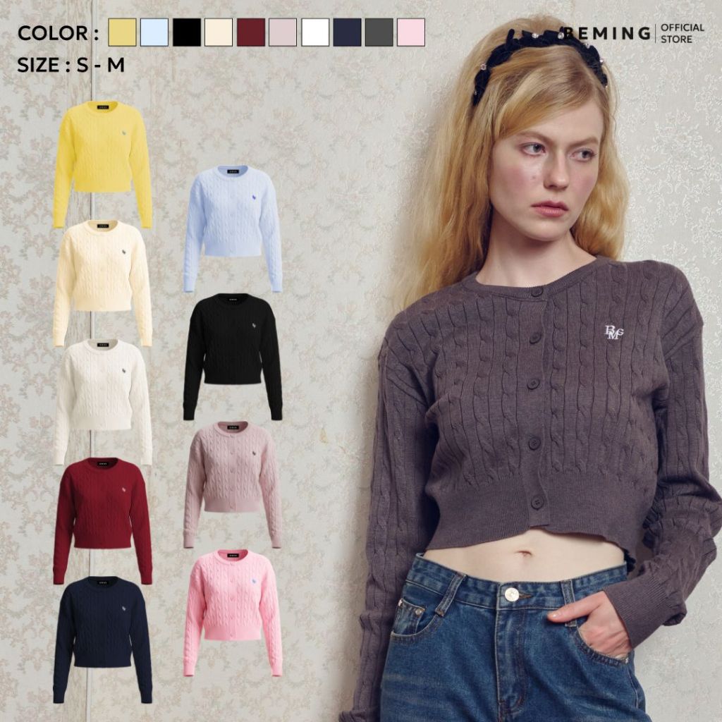 (Pre 25-30 วัน) Bemingtop1233(S-M)-Pieony Knit Cardigan - คาร์ดิแกนไหมพรมถักลายเปียทรงครอปพอดีเอว