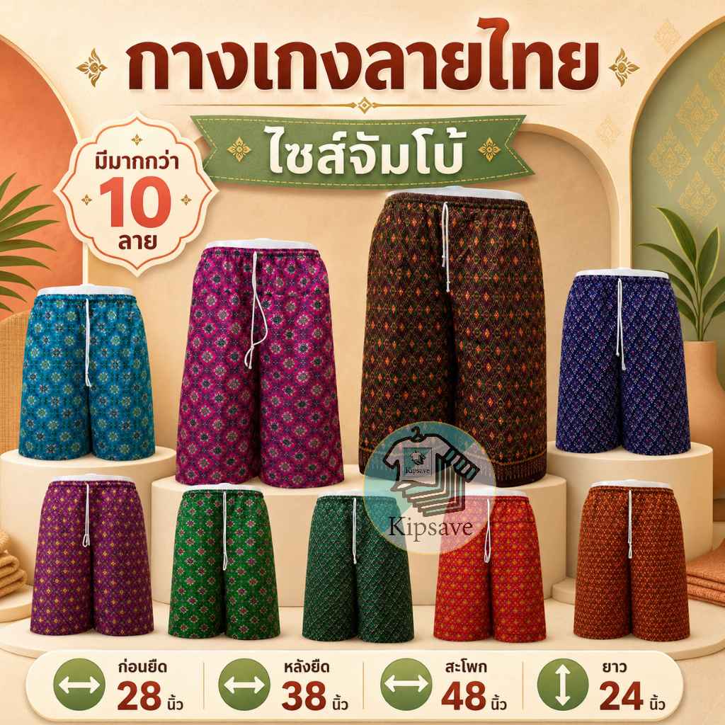 กางเกงลายไทย กางเกงผู้หญิงคนแก่ สีสวย ลายสวย ฟรีไซส์และจัมโบ้ (Thai01)