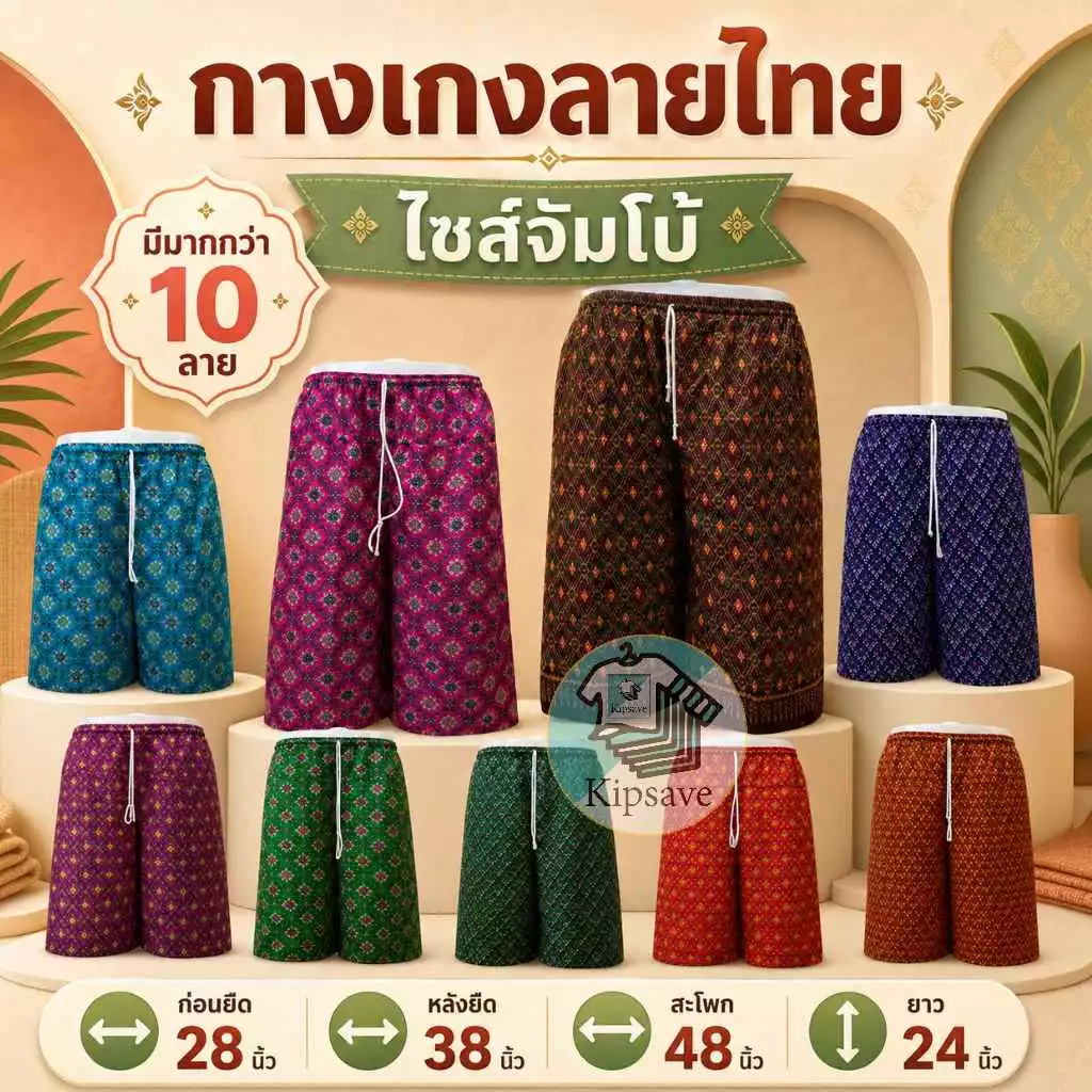 กางเกงลายไทย กางเกงผู้หญิงคนแก่ สีสวย ลายสวย ฟรีไซส์และจัมโบ้ (Thai01)