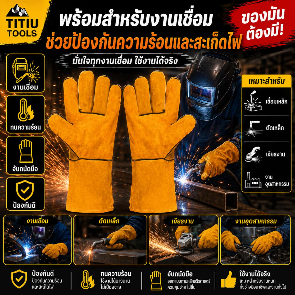 TITIU ถุงมือหนังงานเชื่อม ถุงมือเชื่อมเหล็ก ถุงมือหนังอเนกประสงค์  ถุงมือหนัง