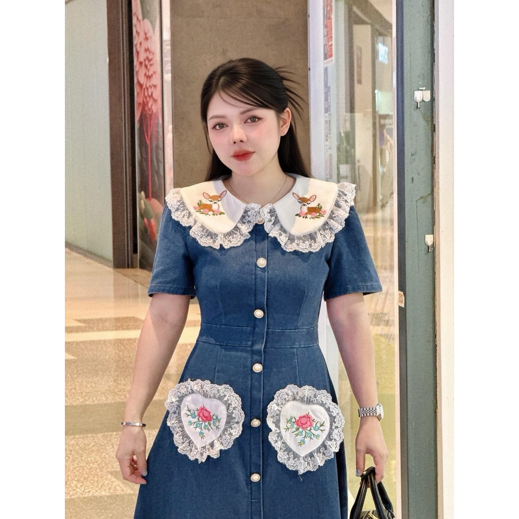 (ปกติ) เดรสยาว เดรสยีนส์ ซิปหลัง คอปกปัก ลายกวาง งายป้าย รูปที่ 3
