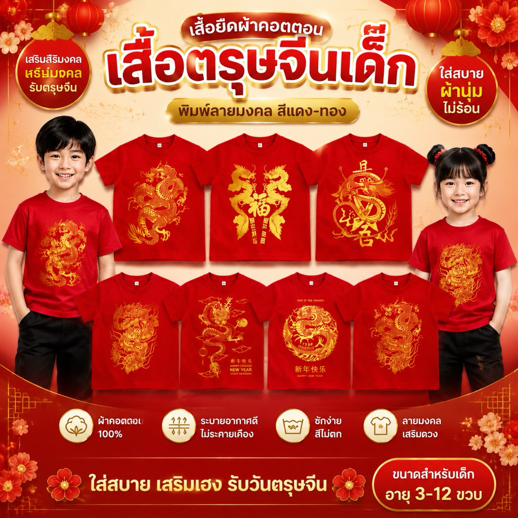 พร้อมส่ง เสื้อยืดเด็กสีแดง ตรุษจีน ผ้าคอตตอนงานสกรีนสีเหลืองทอง ลายมังกรต้อนรับปีมะเส็ง