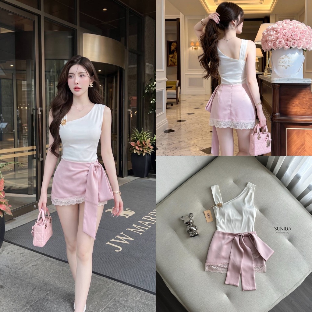 SUNIDA เซ็ต เสื้อสีขาวผ้าซาติน +ะกระโปรงสีชมพู