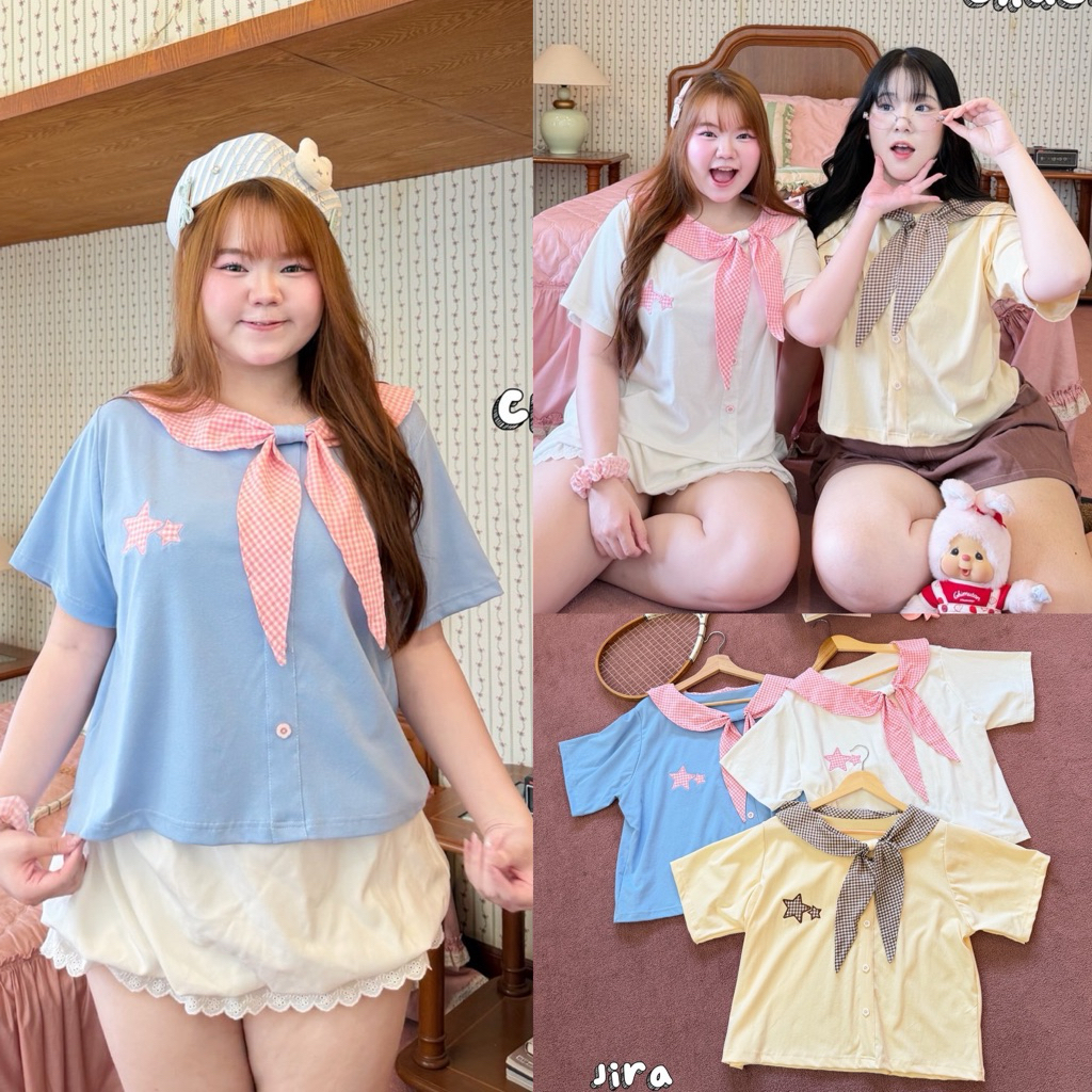 /JR/ เสื้อคอปกกะลาสีสก็อต ไซส์อก38-50 ช่วงอกแต่งดาว ดีเทลติดกระดุมดอกไม้ น่ารักมาก #สาวอวบอ้วน พลัสไซส์