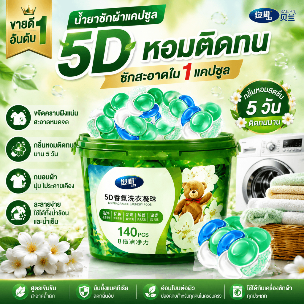 Bailan 5D น้ำยาซักผ้าแคปซูล หอมติดทนนาน 5 วัน ซักสะอาด ลดกลิ่นอับ ละลายง่าย 140 แคปซูล