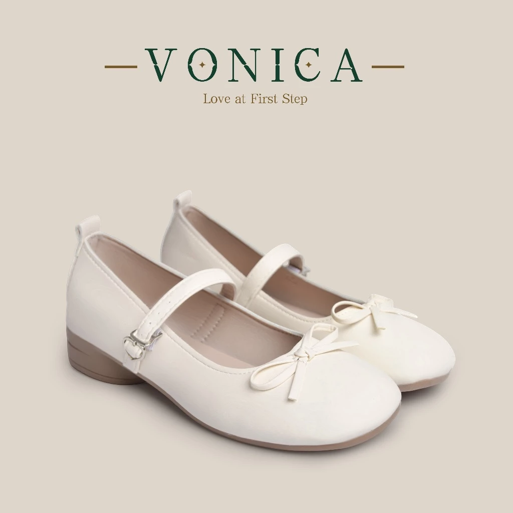 VONICA รองเท้าแฟชั่นสไตล์เกาหลี รองเท้าแมรี่เจนโบว์สีครีม หนังนุ่ม รองเท้าผู้หญิง