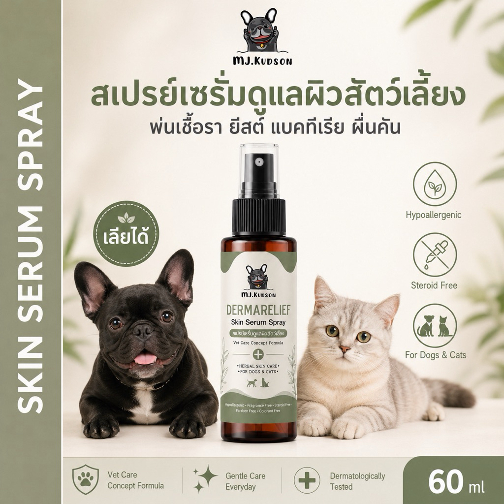 MJ.Kudson Dermarelief Skin Serum Spray | สเปรย์เซรั่มดูแลผิวหนังเชื้อรา ยีสต์ แบคทีเรีย สำหรับสัตว์เลี้ยง - 60 ml.
