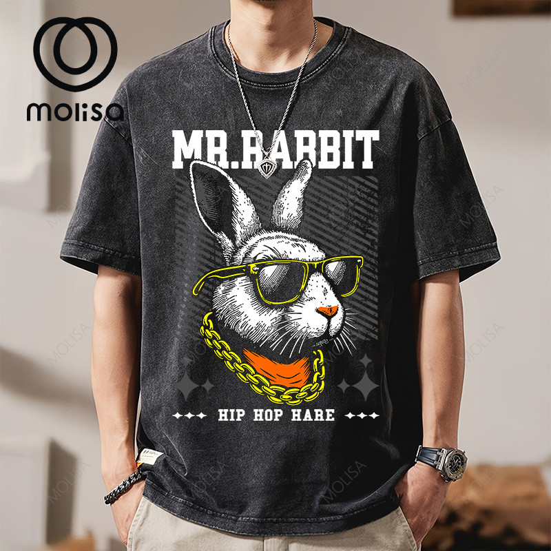 Molisa เสื้อยืด แฟชั่น MR RABBIT Oversize Street Style ผ้านุ่ม ใส่สบาย ผู้ชาย เสื้อยืดคอกลม ผ้าฟอก 68298#