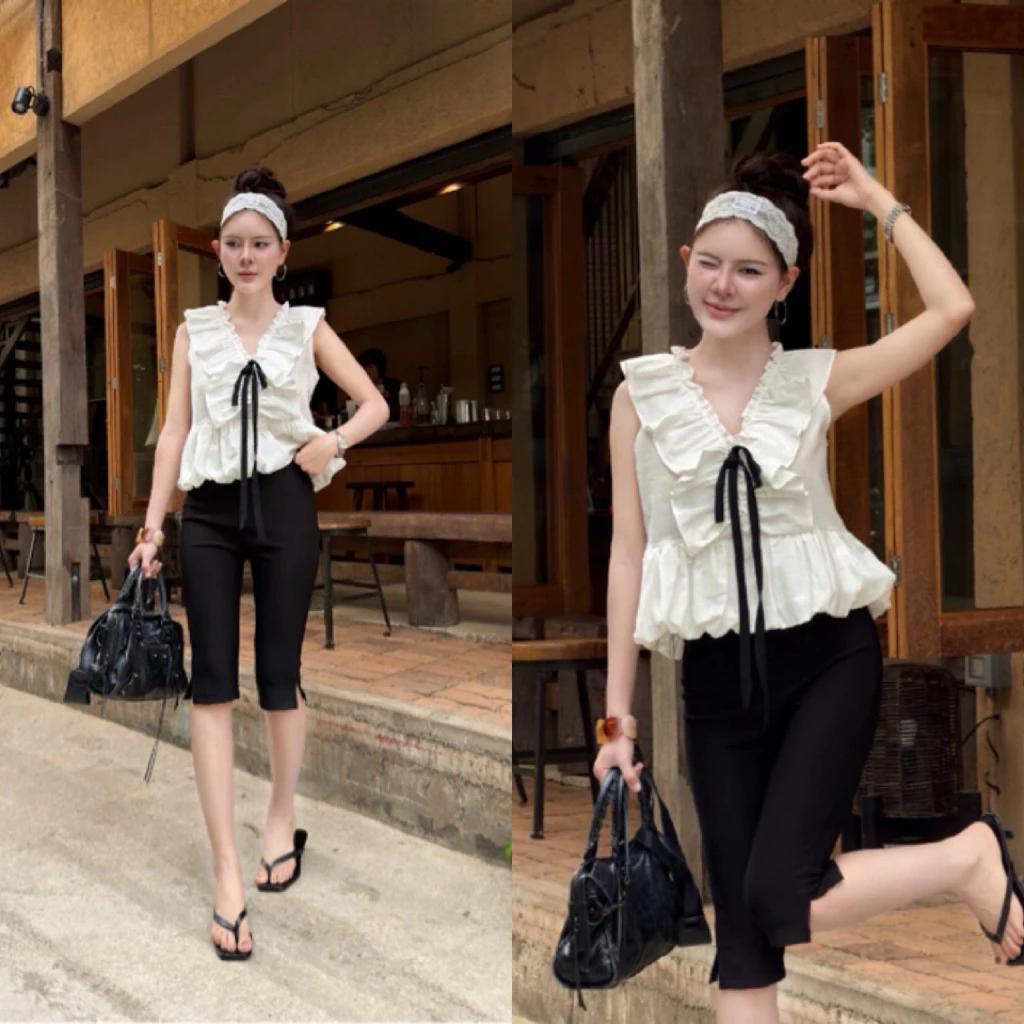 NEW✨พร้อมส่ง🥂ชุดเซ็ต 2 ชิ้น เสื้อโบว์ดำกับกางเกงทรงฮิต
